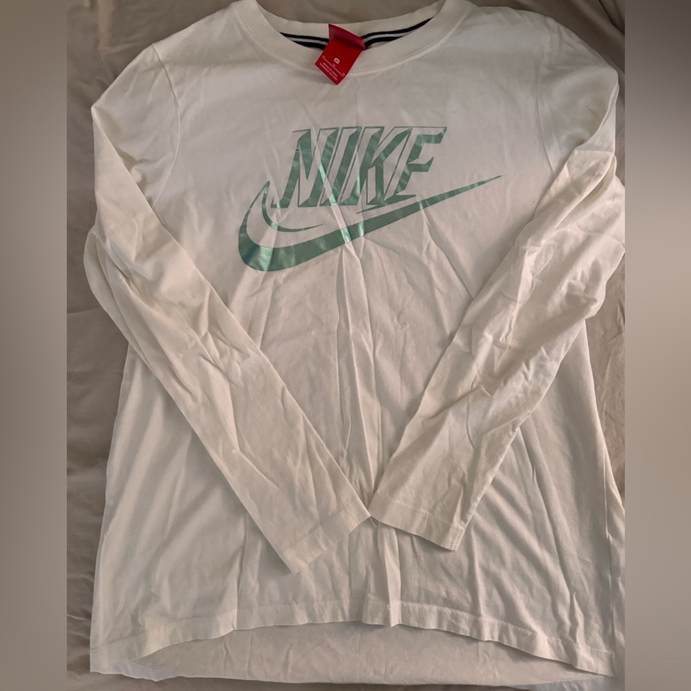 Nike White Long Sleeve Tee with Mint Logo